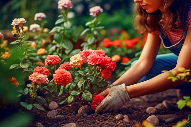 Mains de femme dans des gants plantant des fleurs