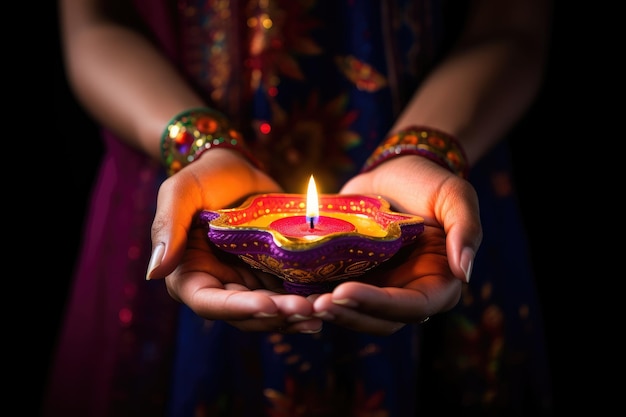 Des mains de femme avec du henné tenant des lampes d'argile colorées allumées pendant la célébration de Diwali