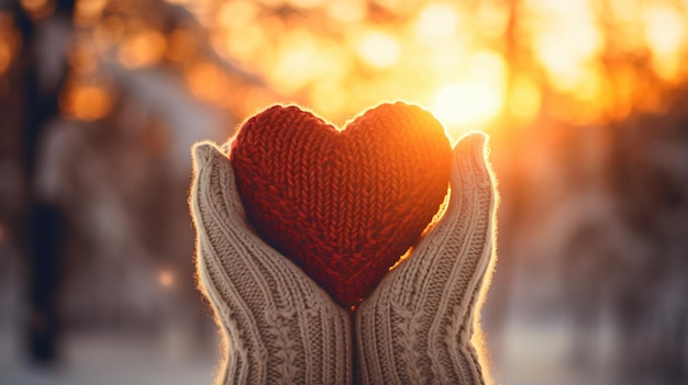 Photo mains de femme en gants d'hiver tenant le symbole du coeur