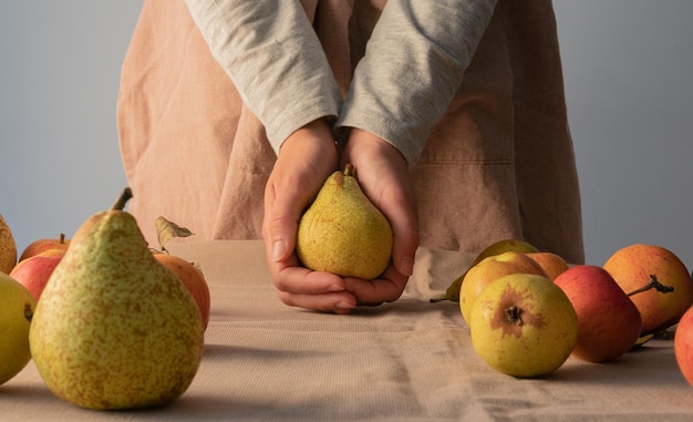 Mains de femme à manches longues tenant une poire faisant une forme de coeur avec les mains entourées de fruits