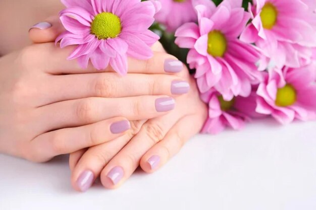 Les mains d'une femme avec une manucure rose sur les ongles et une fleur rose