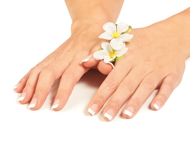 Mains de femme avec des ongles français tenant des fleurs blanches