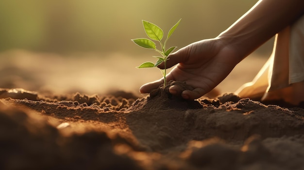 Les mains d'une femme plantant un arbre sur le sol avec la lumière du soleil et la nature en arrière-plan