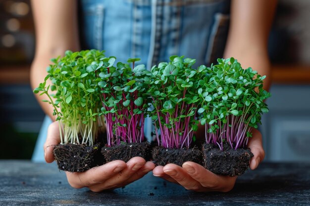 Les mains de la femme poussent du micro-vert dans la cuisine.