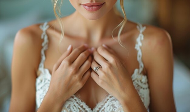 Photo mains de femme et robe de mariée avec bague pour réception de mariage ou cérémonie d'engagement ou bijoux
