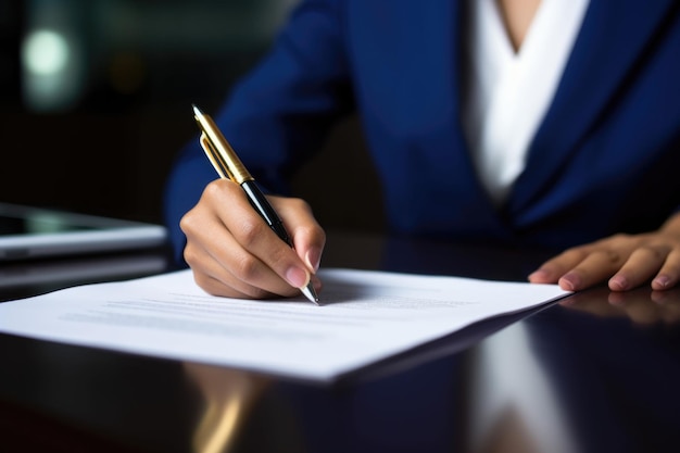 Les mains d'une femme signant un contrat financier majeur avec des stylos de luxe Illustration générative de l'IA