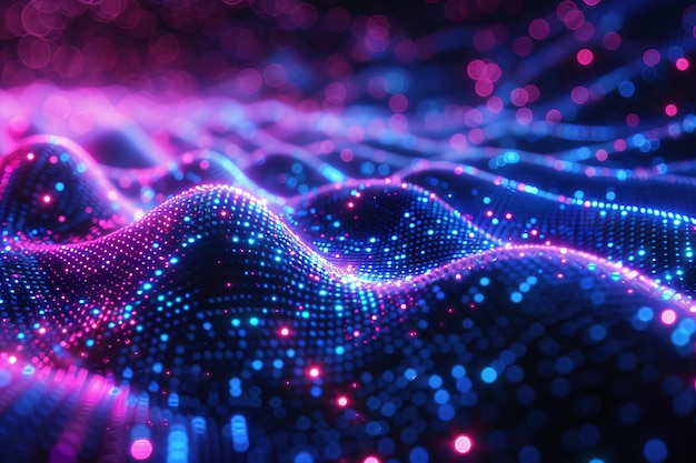 Les mains d'une femme sont couvertes de lumières violettes et bleues brillantes.