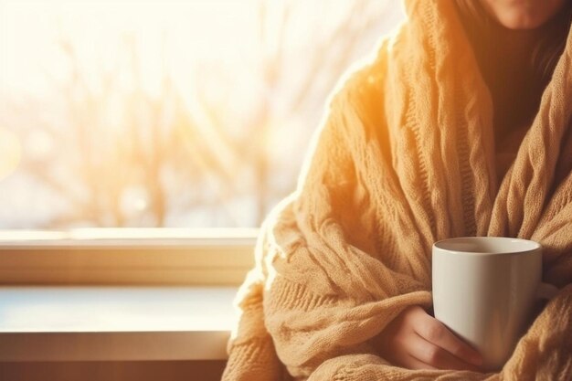 Photo les mains d'une femme tenant une boisson chaude à la vapeur une femme couverte d'une couverture est assise près de la fenêtre avec une tasse