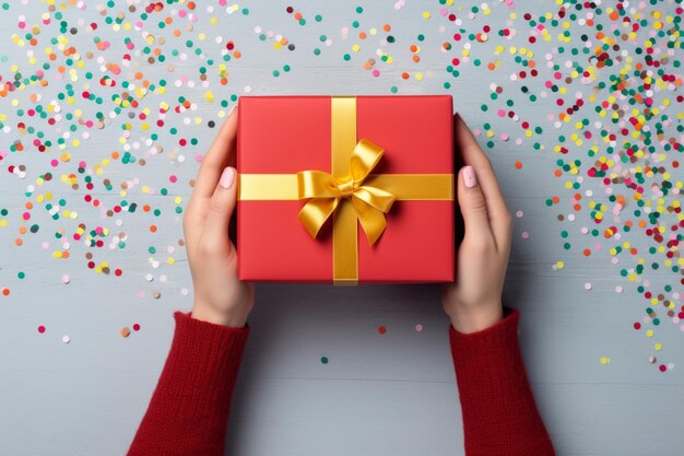 Mains de femme tenant une boîte cadeau de Noël sur une table de fête décorée