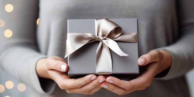 Des mains de femme tenant une boîte cadeau noire gris argentée de luxe avec un arc contre un fond festif de Noël