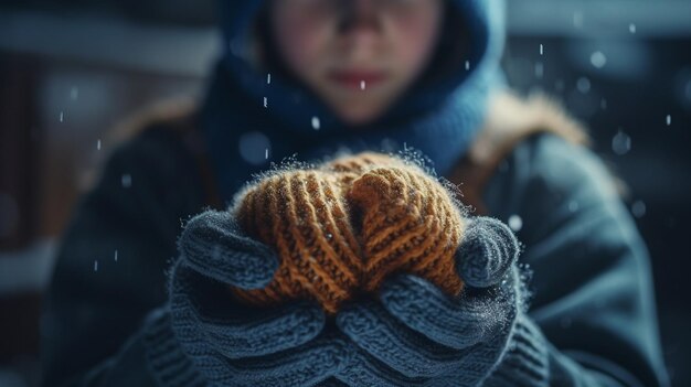 Mains d'une femme tenant des boules de Noël tricotées en hivergénérative ai