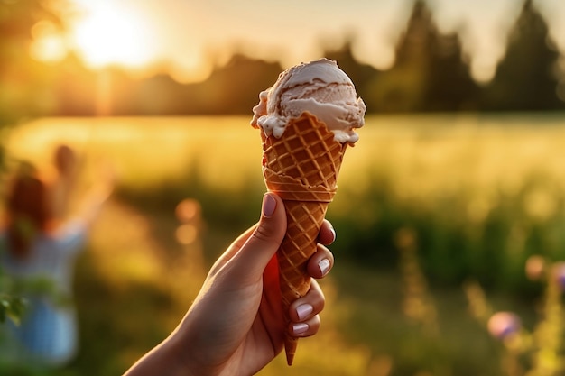 Mains de femme tenant un cône de gaufre de crème glacée fondante dans les mains sur fond de nature légère d'été