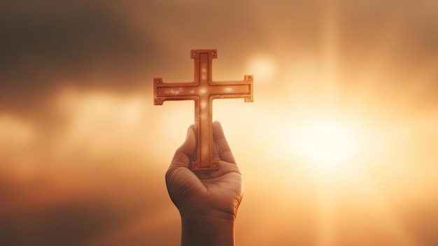 les mains d'une femme tenant une croix dans le ciel dans le style marron clair