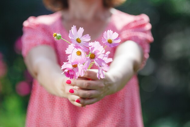 Mains de femme tenant une fleur dans le pré vert