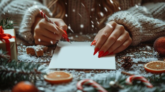 Des mains de femme tenant une lettre au Père Noël sur fond de bois avec des cadeaux de Noël