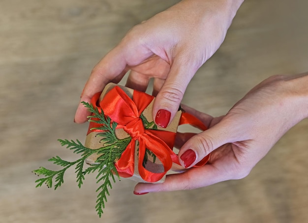 Les mains de la femme tiennent une boîte cadeau décorée de Noël ou du nouvel an