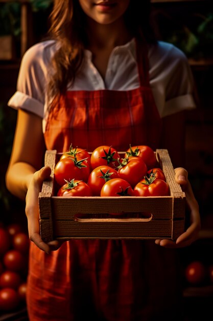 Les mains d'une femme tiennent une boîte de tomates.