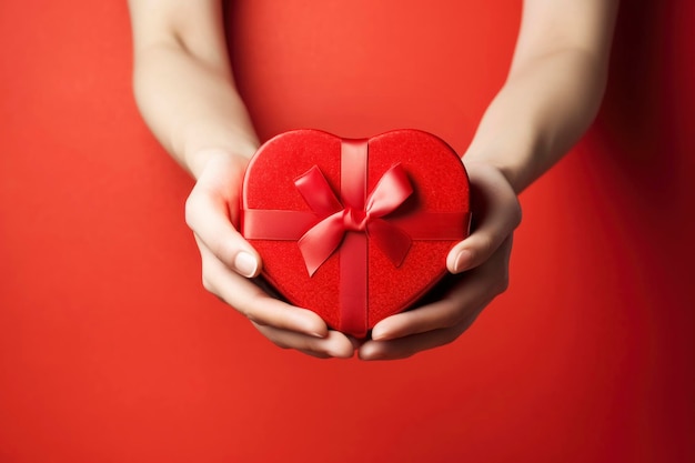 Photo des mains de femmes avec une boîte à cadeaux en forme de cœur sur un fond rouge