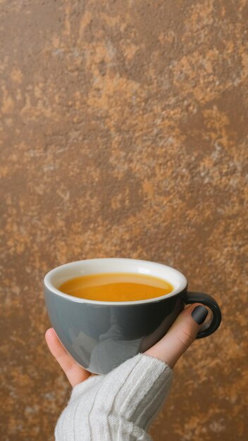 Les mains des femmes dans un pull tiennent une tasse de thé à l'argousier à plat vue de dessus confortable automne hiver