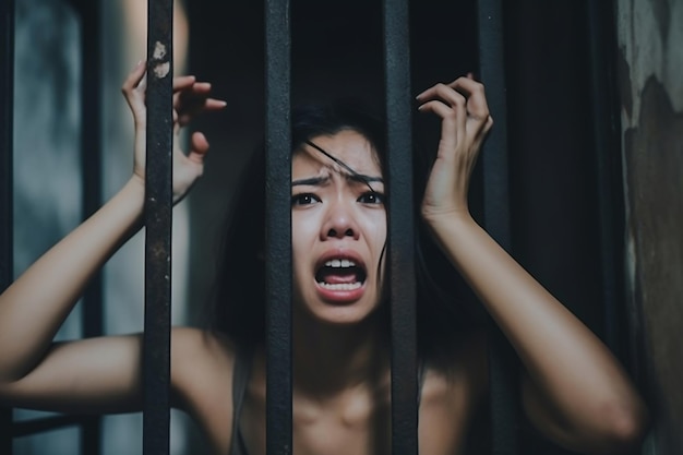 Mains de femmes désespérées d'attraper la prison de ferconcept de prisonnierThaïlandaisEspoir d'être libreSi la violation de la loi serait arrêtée et emprisonnée