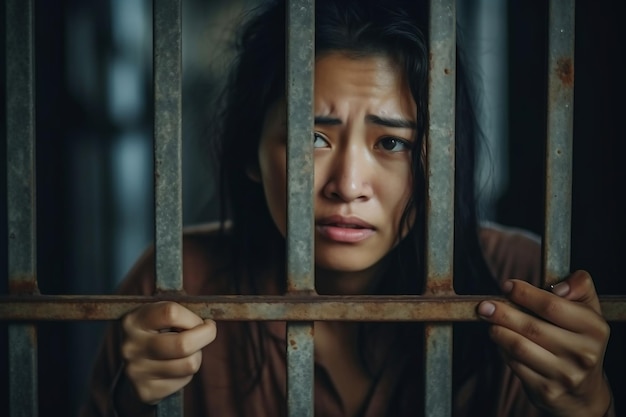 Photo les mains des femmes désespérées pour attraper le concept de prisonnier de fer le peuple thaïlandais espère être libre si le violateur de la loi serait arrêté et emprisonné