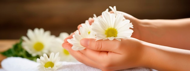 Photo les mains des femmes avec des fleurs salon de spa ia générative blanc