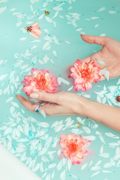 Mains de femmes sur le fond d'un bain rempli d'eau bleue et décoré de chrysanthème