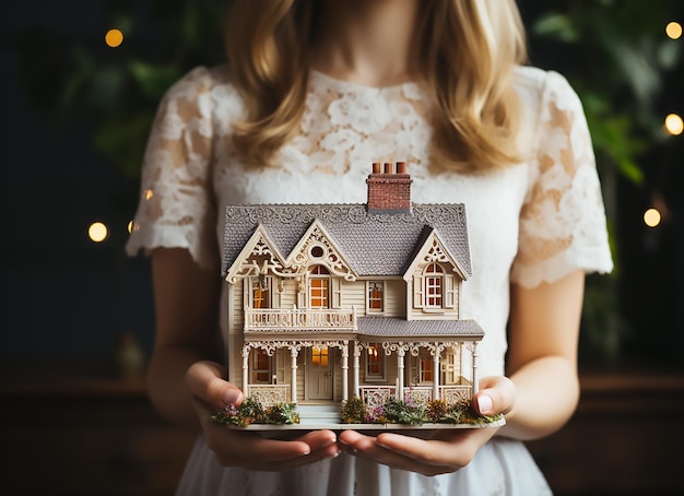 Des mains de femmes tenant une petite maison de jouet miniature Assurance immobilière rêve de déménager concept de maison