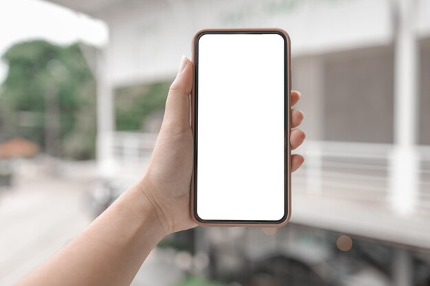 Mains de femmes tenant un téléphone portable copie vierge espace écran smartphone avec écran blanc vierge isolé téléphone intelligent avec concept technologique