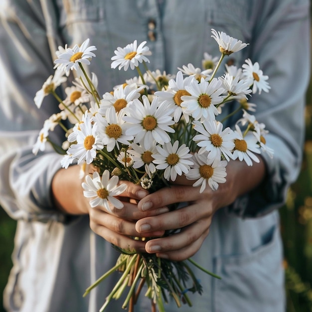 Les mains des femmes tiennent un bouquet de camomilles