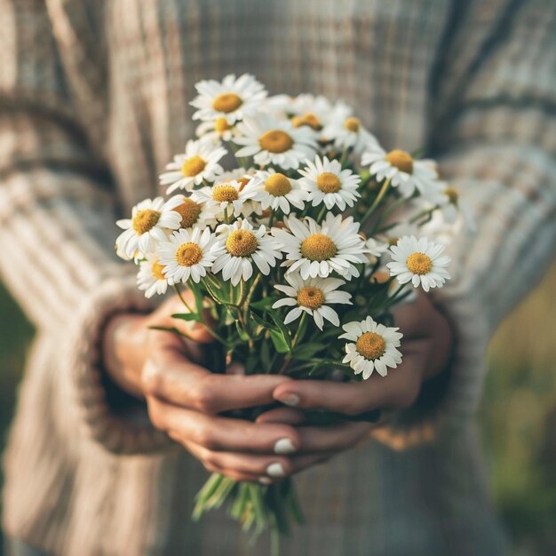 Les mains des femmes tiennent un bouquet de camomilles