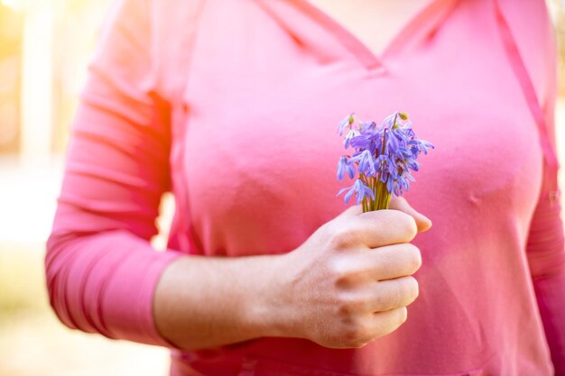 Les mains des femmes tiennent un bouquet de perce-neige bleus dans les rayons du soleil en gros plan sans visage