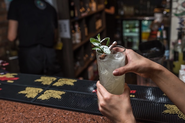 Les Mains Des Femmes Tiennent Un Cocktail Mojito Dans Un Bar