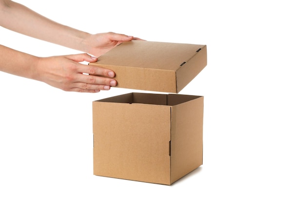 Les Mains Des Femmes Tiennent Le Couvercle De La Boîte Et De La Boîte Isolées Sur Fond Blanc