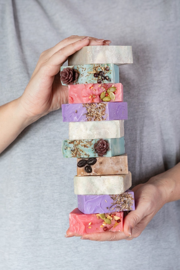 Photo les mains des femmes tiennent une pile de savon artisanal. petite entreprise, produits biologiques, ingrédients naturels.