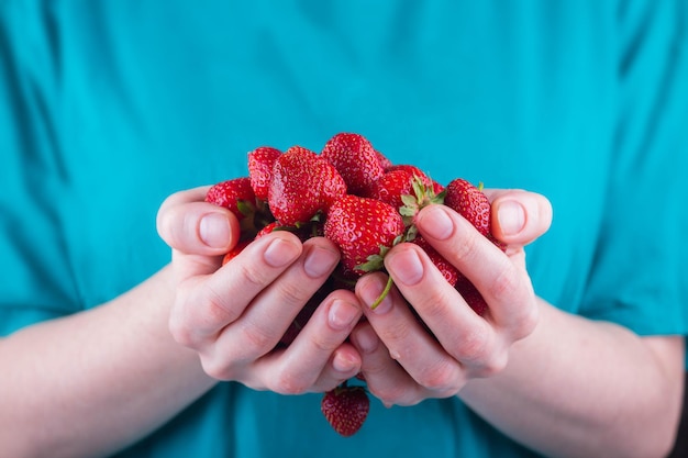 Les mains des femmes tiennent une poignée de fraises