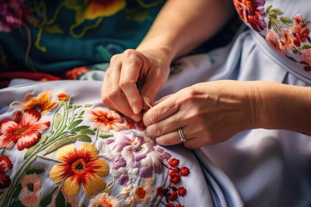 Les mains des femmes tricotent une couverture style ethno fait à la main tricot traditionnel