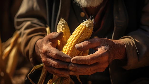 Les mains d'un fermier mâle tenant le maïs sur la gousse de près Génératif Ai