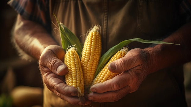 Les mains d'un fermier mâle tenant le maïs sur la gousse de près Génératif Ai