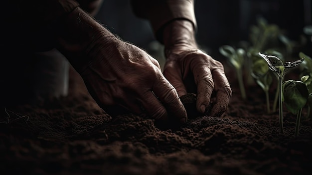 Les mains d'un fermier plantent doucement des semis tendres.