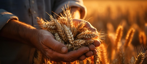 Les mains d'un fermier versent des grains de blé dans un champ