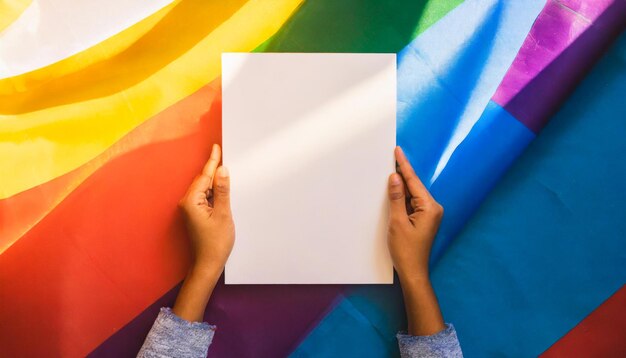 les mains d'une fille tenant une affiche blanche en arrière-plan avec un drapeau LGBTQ