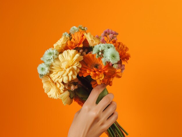 Mains de filles tenant un beau bouquet de fleurs sur fond orange AI générative