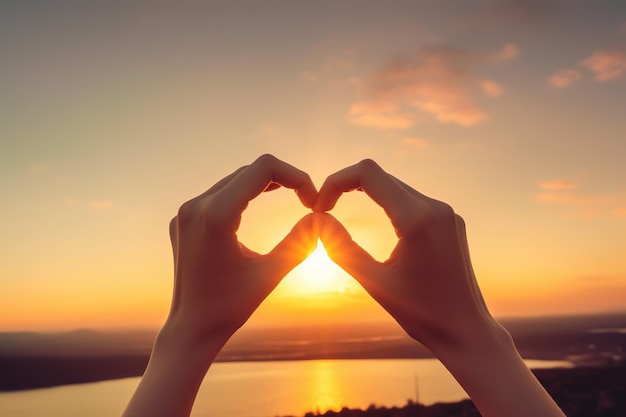 Mains formant un cœur avec le soleil se couchant derrière elles