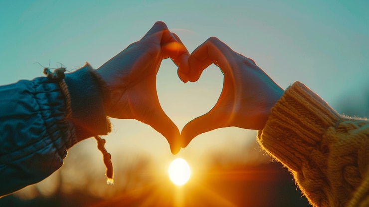 Photo des mains en forme de cœur faisant une forme de cœur avec le soleil derrière eux