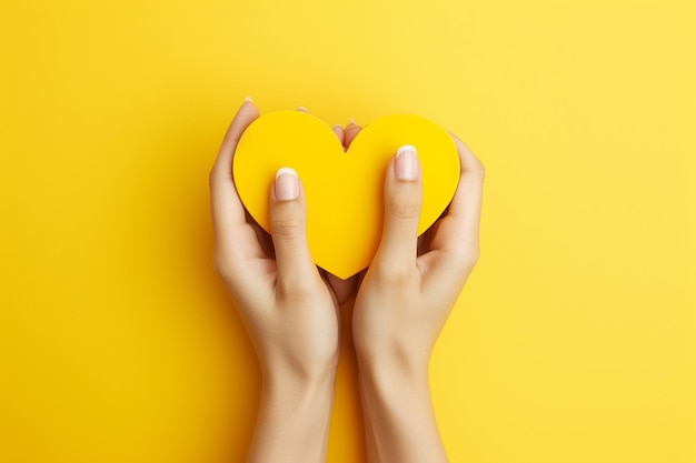 Mains en forme de coeur sur fond jaune Ai générative