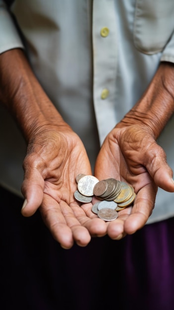 Des mains froissées tenant des pièces illustrent un homme âgé qui économise de l'argent avec une pension limitée