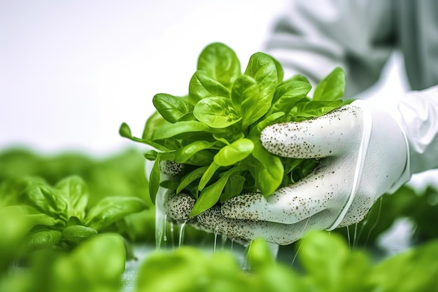 Des mains avec des gants blancs récoltent une culture hydroponique sur un fond blanc