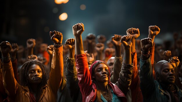 Les mains des gens levées avec les poings serrés L'égalité des droits de l'homme