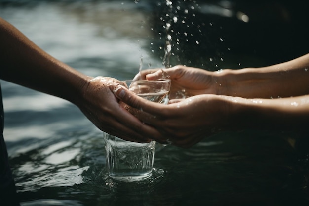 Photo des mains avec une goutte d'eau en arrière-plan